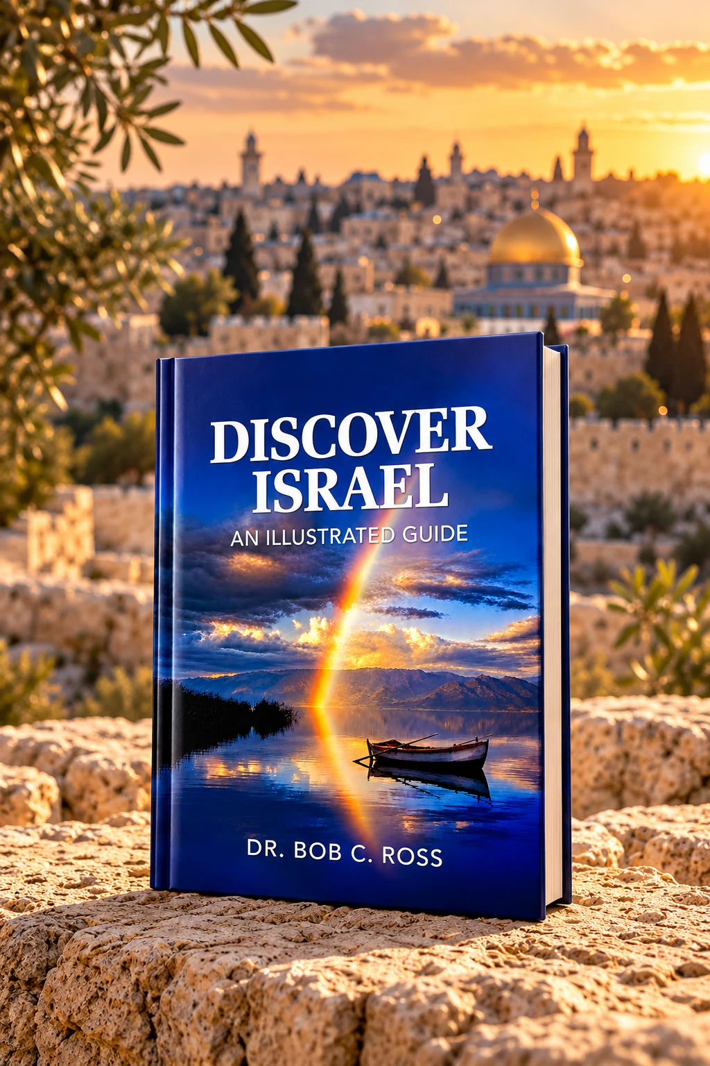 Discover Israel — An Illustrated Guide by Dr. Bob C. Ross, displayed on Jerusalem stone with the Old City in warm evening light.